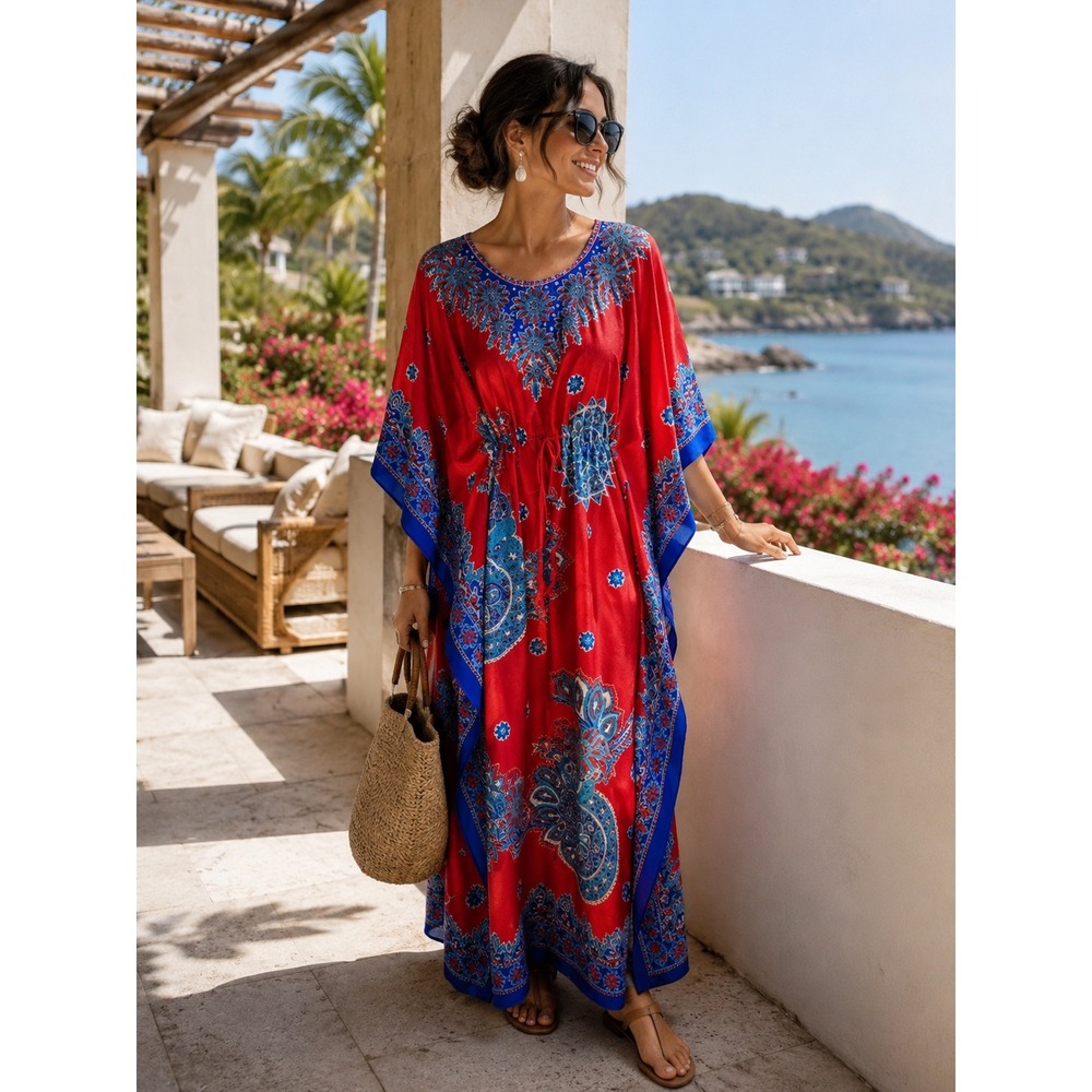 Nf Red Paisley Kaftan Maxi Dress Drawstring Resortwear Free Size